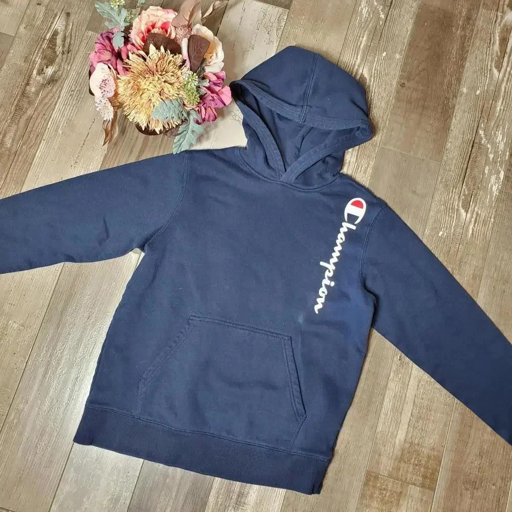 Champion Boys' Youth Long Sleeve Hooded Pullover Sweatshirt Navy Blue XL EUC